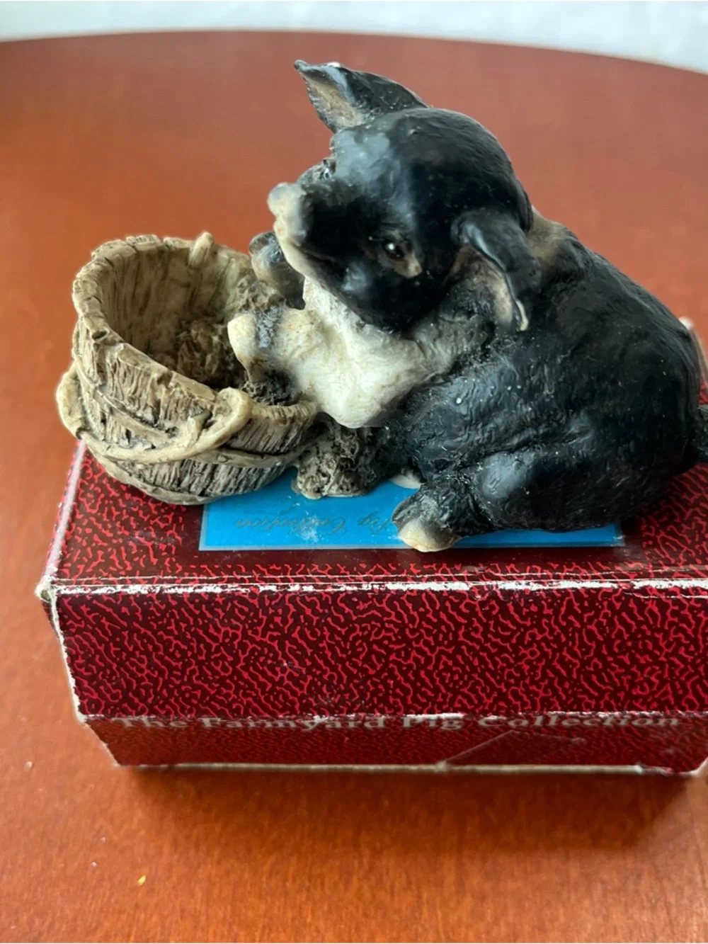 Vintage Porcelain Black & White Pig Figurine with Woven Basket Farm Model 24462